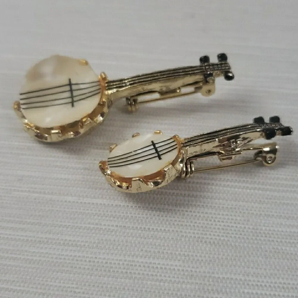 VTG Mother of Pearl Banjo Brooch Pins Gold Tone Musician Stringed Instrument MCM
